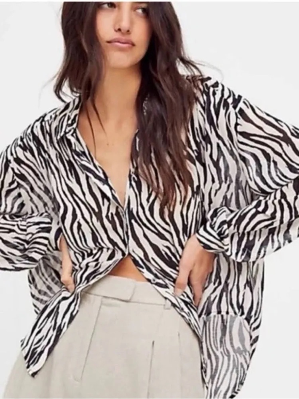 Free People Black and White Zebra-Print Button Down Shirt